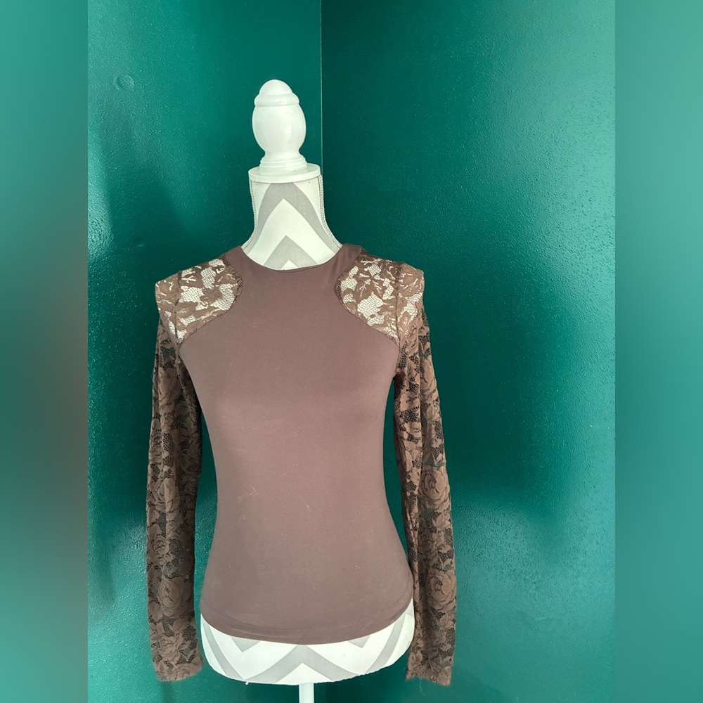 Free People Brown Lace Sleeve Top